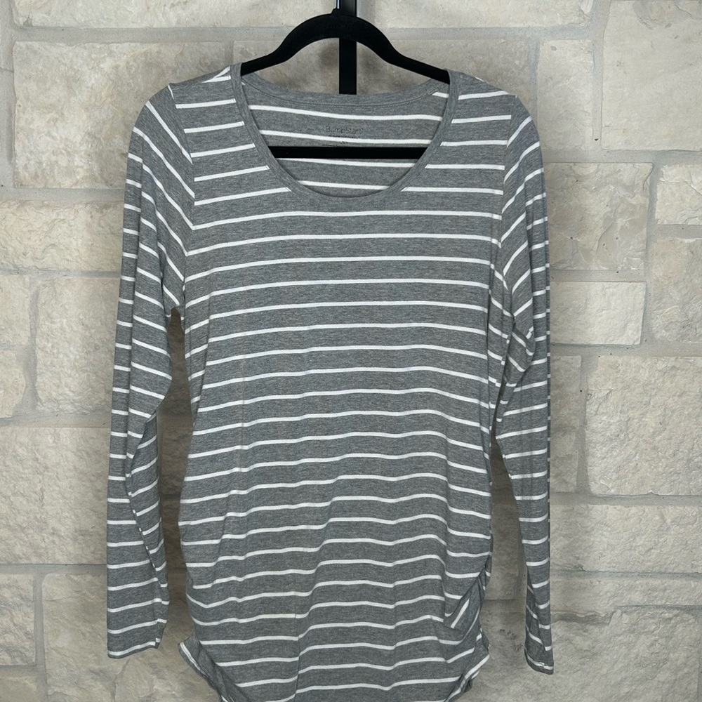 BumpStart Maternity Gray and White Striped Long Sleeve Tee Shirt Large